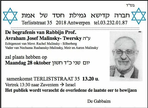 Rabijn Prof. Avraham Josef Malinsky overleden